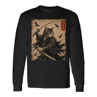 Vintage Samurai Cat Anime Warrior With Swords Cats Long Sleeve T-Shirt | Seseable UK