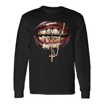 Vintage Y2k Brown Lips Gold Grillz Cross Chain Long Sleeve T-Shirt - Monsterry