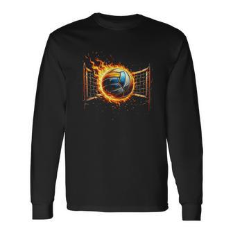 Volleyball Game Day Rivalry Fire Ball Graphic Volleyball T Shirt Name Long Sleeve T-Shirt | Seseable UK