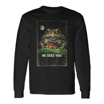 Weirdcore Giant Toad He Sees You Meme Cursed Image Long Sleeve T-Shirt - Thegiftio UK