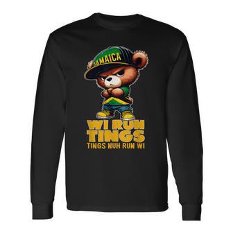 Wi Run Tings Teddy Bear Jamaica Flag Jamaican Clothing Long Sleeve T-Shirt - Thegiftio UK
