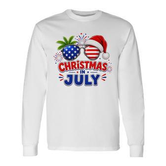 Christmas In July Summer Beach Hawaii Santa Usa Flag Long Sleeve T-Shirt - Monsterry