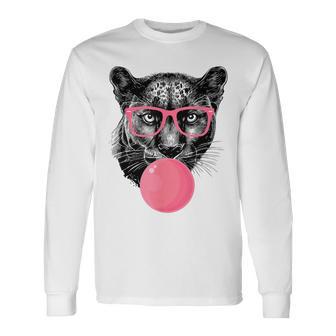 Panther Glasses Blowing Bubble Gum Cute Panther Long Sleeve T-Shirt - Thegiftio UK