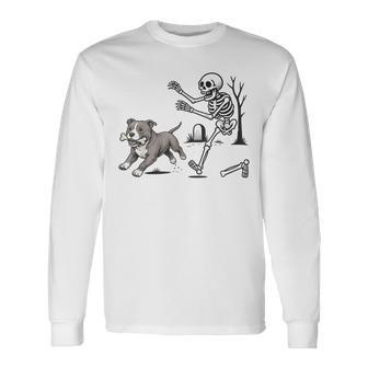 Skeleton Chasing Pitbull Halloween Dog Spooky Season Long Sleeve T-Shirt - Thegiftio UK