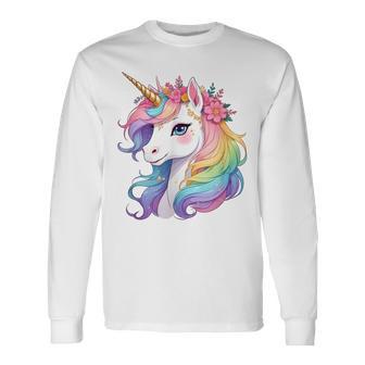 Licorneuper Mignonne À La Crinière Arc-En-Ciel Licorne T-shirt à manches longues - Cadeauxyz