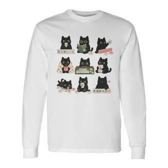 Mahjong Graphic Black Cats Playing Mahjong Game Lovers Long Sleeve T-Shirt - Thegiftio UK