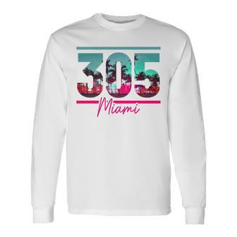 Miami 305 Area Code Florida Vintage Palm Trees Pride Retro Comfort Colors Crop Top Long Sleeve T-Shirt - Thegiftio UK