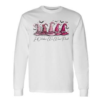 In October We Wear Pink Witch Hat Breast Cancer Halloween Long Sleeve T-Shirt - Thegiftio UK