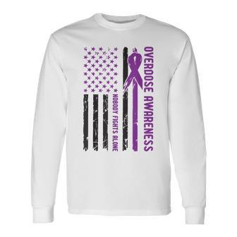 Overdose Awareness Usa Flag Purple Ribbon Drug Addiction Long Sleeve T-Shirt - Thegiftio UK