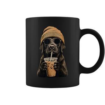 Black Labrador Hipster Dog Drinking Iced Coffee Sunglasses Coffee Mug | Seseable UK