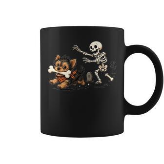 Cute Skeleton Chasing Yorkie Dog Lovers Halloween Coffee Mug | Seseable UK