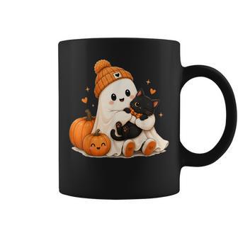 Cute Ghost Hugging Black Cat Autumn Halloween Pumpkin Coffee Mug - Thegiftio UK