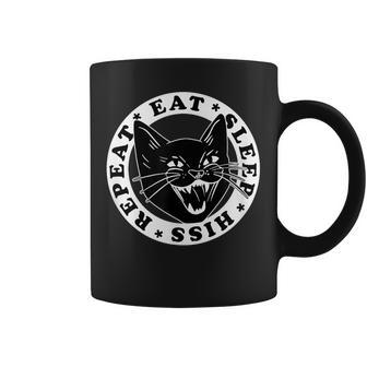 Divertido Gato Negro Comer Dormir Hiss Repeat Taza de café - Regaloses