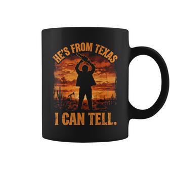 Hes From Texas I Can Tell Halloween Chainsaw Horror Coffee Mug - Thegiftio UK