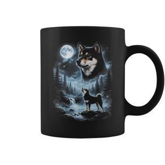 Perro Retro De Los 90Hiba Inu Aullando A La Luna Negro Y Tostado Taza de café - Regaloses