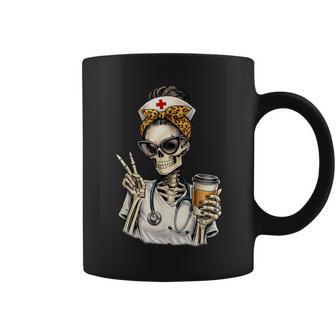 Skeleton Nurse Messy Bun Leopard Drinking Coffee Coffee Mug - Thegiftio UK
