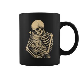 Vintage Skeleton Hugging Cat Mom Dad Halloween Spooky Season Coffee Mug | Seseable UK