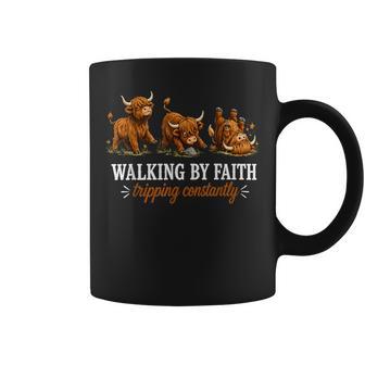 Walking By Faith Tripping Constantly Highland Cow Coffee Mug - Thegiftio UK