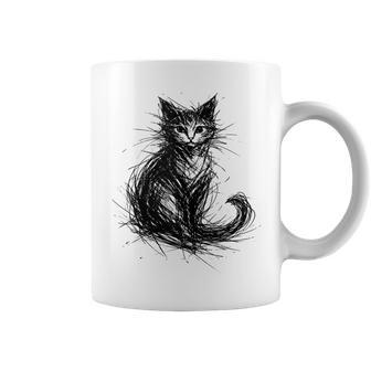 Gato Garabato Abstracto Boceto Minimalista Negro Gatito Diseño In Mangas Taza de café - Regaloses
