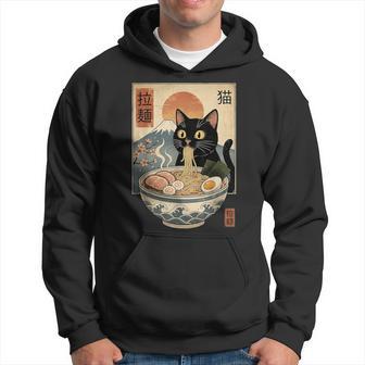 Gato Negro Comiendo Ramen Arteintage Japonés Con El Monte Fuji Sudadera - Regaloses