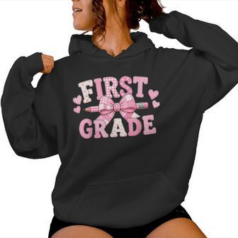 1St First Grade Back To School Pink Bow Coquette Patchwork Women Hoodie - Thegiftio UK