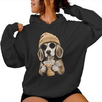 Beagle Hipster Drinking Iced Coffee Sunglasses Beanie Women Hoodie - Thegiftio UK