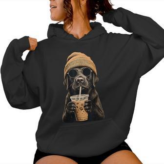 Black Labrador Hipster Dog Drinking Iced Coffee Sunglasses Women Hoodie | Seseable UK