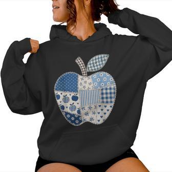 Blue Patchwork Preppy Apples Back To School Teacher Student Women Hoodie - Thegiftio UK