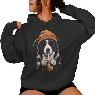 Border Collie Bebiendo Café Helado Divertido Perro Hipster Cuello Sudadera con capucha para mujer - Regaloses