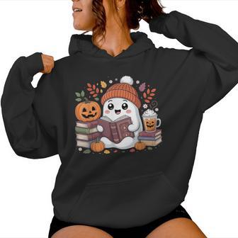 Cute Ghost Reading Book Lover Halloween Ghost Coffee Pumpkin Women Hoodie - Thegiftio UK