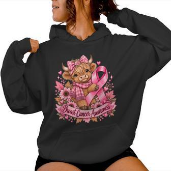 Cute Highland Cow Breast Cancer Awareness Pink Ribbon Fall Women Hoodie - Thegiftio UK