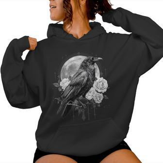 Floral Black Raven Full Moon Gothic Crow Bird Roses Mystical Women Hoodie - Thegiftio UK