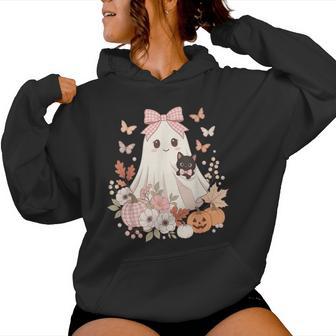 Ghost Cat Halloween Girls Kids Toddler Youth Floral Ghost Women Hoodie | Seseable UK