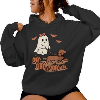 Ghost Walking Long Haired Dachshund Dog Halloween Doxie Mama Women Hoodie - Thegiftio UK
