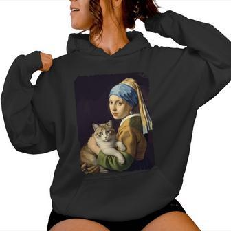 Girl With A Pearl Earring And A Cat 名画パロディ アート猫 長袖tシャツ レディースパーカー - Kawaiitshirt