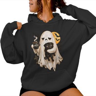 Grumpy Ghost Holding Black Pug Dog Coffee Cup Halloween Women Hoodie - Thegiftio UK