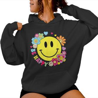 Be Happy Yellow Smile Face Hippie Smiling Face Groovy Retro Women Hoodie - Thegiftio UK