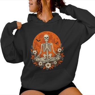 Meditating Skeleton Halloween Yoga Floral Full Moon Women Hoodie | Seseable UK