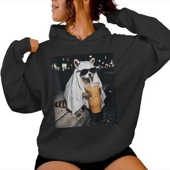 Meme Raccoon Ghost Sunglasses Drinking Iced Coffee Halloween Women Hoodie - Thegiftio UK