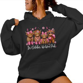 Pink Ribbon Coquette Bow Floral Highland Cow Breast Cancer Women Hoodie - Thegiftio UK
