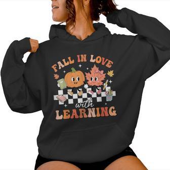 Preppy Fall In Love With Learning Autumn Pumpkin Teacher Women Hoodie - Thegiftio UK