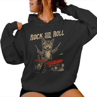 Rock And Roll Cat Playing Drum For Kid Women Hoodie - Thegiftio UK