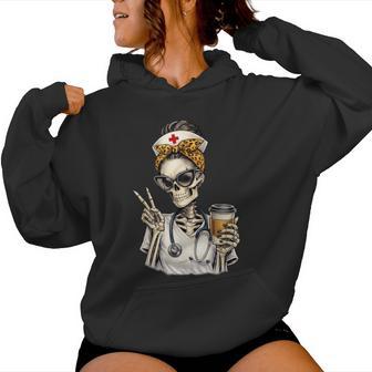 Skeleton Nurse Messy Bun Leopard Drinking Coffee Women Hoodie - Thegiftio UK