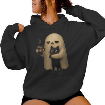 Spooky Ghost Holding Black Cat Coffee Lover Halloween Women Hoodie - Thegiftio UK