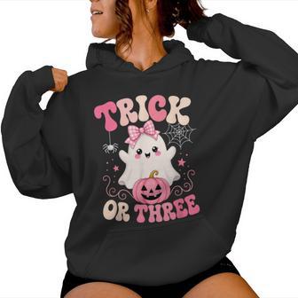 Trick Or Three Cute Ghost Groovy 3Rd Birthday Girls 3 Years Women Hoodie - Thegiftio UK