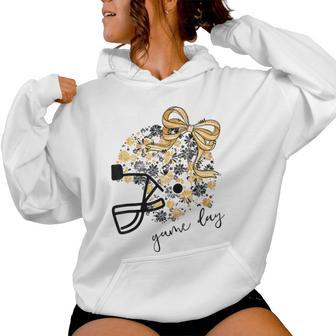 Game Day Football Season Football Mama Girl Black Gold Vibes Women Hoodie - Thegiftio UK