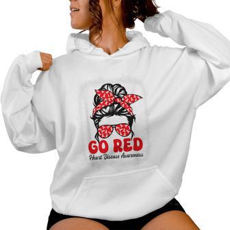 Go Red For American Heart Disease Awareness Messy Bun Women Hoodie - Thegiftio UK