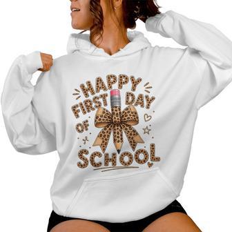 Happy First Day Of School Girls Leopard Pencil Bow Coquette Women Hoodie - Thegiftio UK