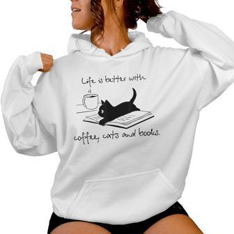 Life Is Better With Books Cats And Coffee レディースパーカー - Kawaiitshirt