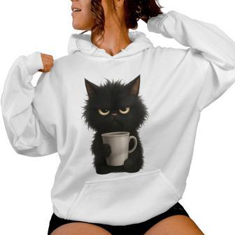 Taza De Café Con Diseño De Gato Negro Gruñón Cuello Sudadera con capucha para mujer - Regaloses